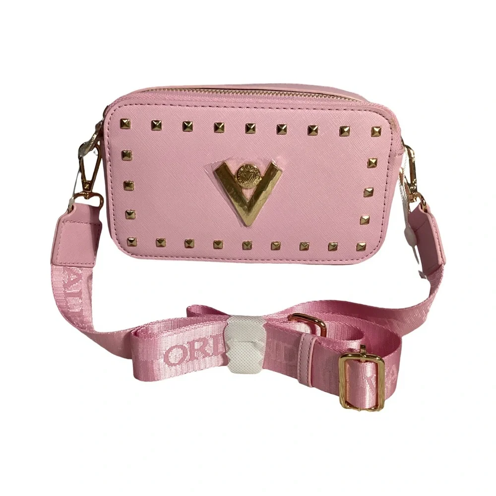 Valentino Orlandi Studded Baby Pink Double Zip Camera Crossbody Bag NEW